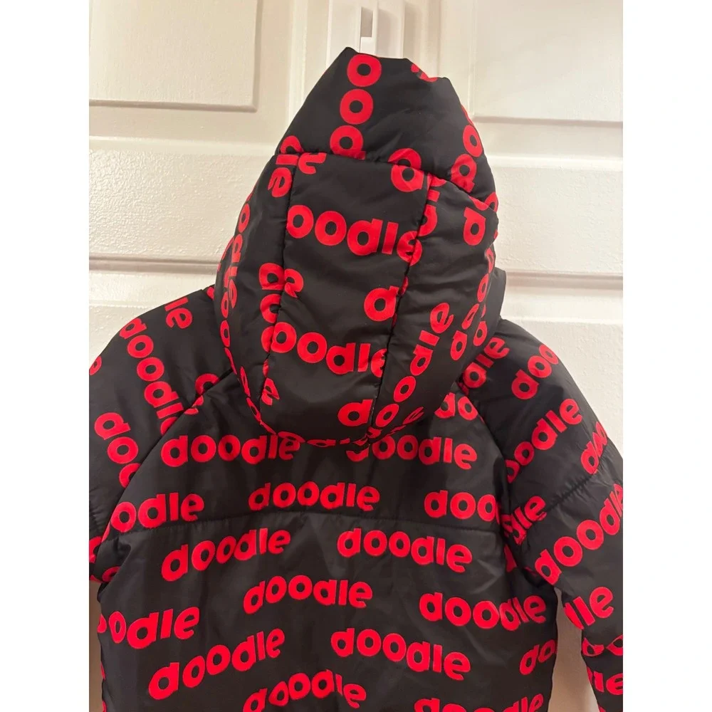 Secret Scientist Doodle Puffer Jacket Kids Black Red Logo Hooded Zip Up Coat -4T